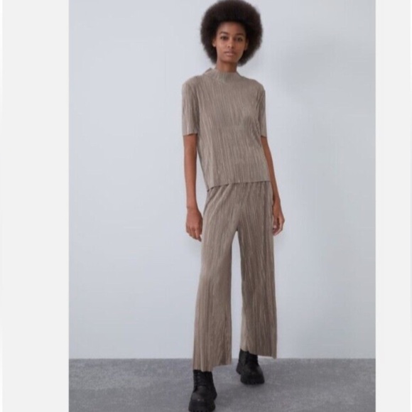 ZARA Pleated Culottes Plisse Wide Leg Pants Elastic Waist Mink Tan - Picture 1 of 7